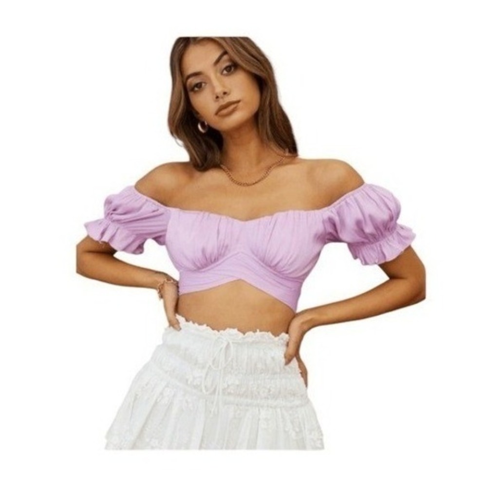 Selfie Leslie Linka Off The Shoulder Tie Back Crop Top Lilac Knit XS